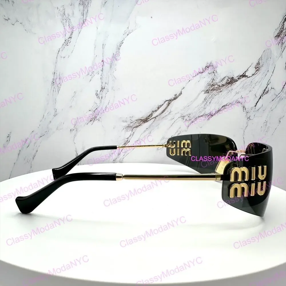 New MIU MIU Sunglasses Gold Dark Gray Lens Runway Wrap Rimless Authentic Miu Miu